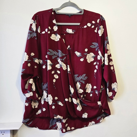 West Kei Burgundy Floral Wrap Style Blouse Top Plus Size XL - Picture 1 of 9